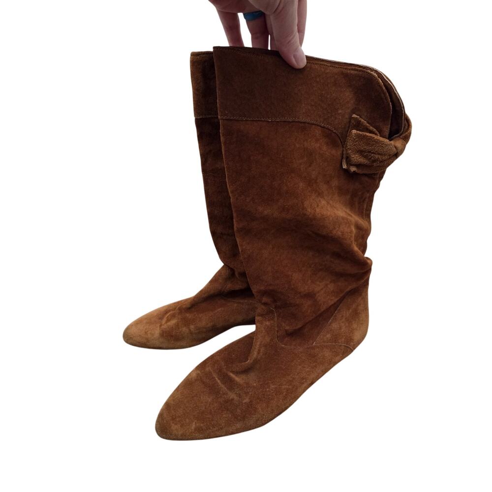 Vintage Clicks Warm Brown Suede Slouchy Mid-Calf Bow Detail Boots, Women's 10